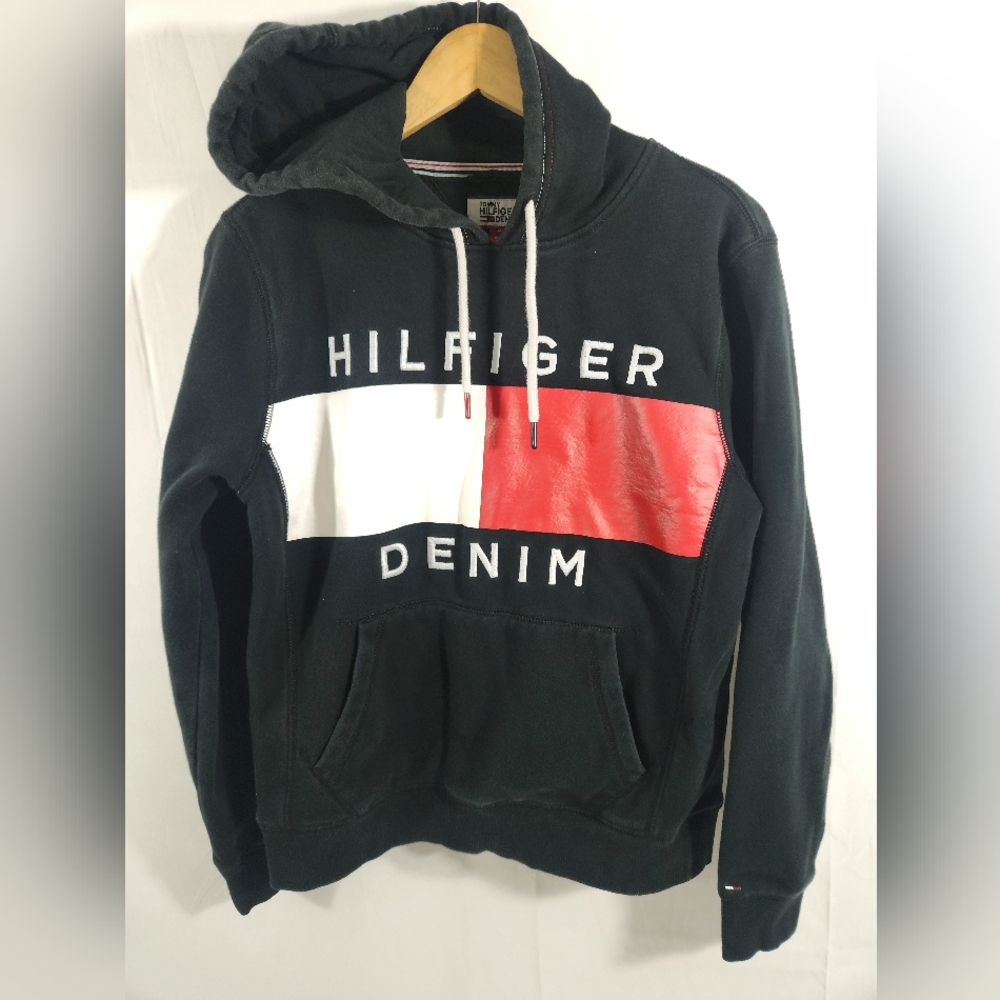 Vintage 90s Tommy Hilfiger Denim Spell Out Flag Logo Hoodie Sweatshirt Medium